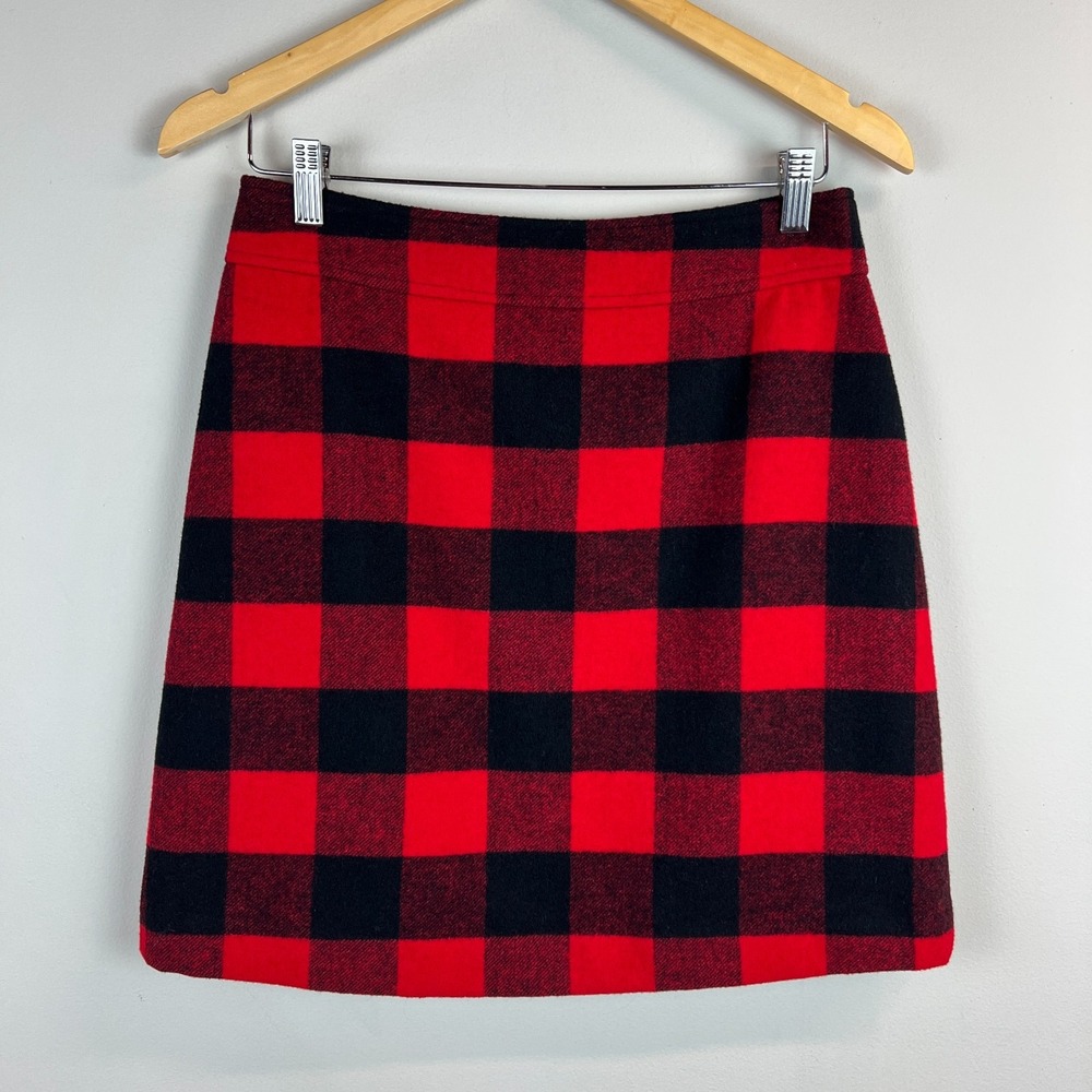 J. Crew A-Line Skirt Womens 4 Red Black Buffalo Plaid Wool Blend Holiday Classic